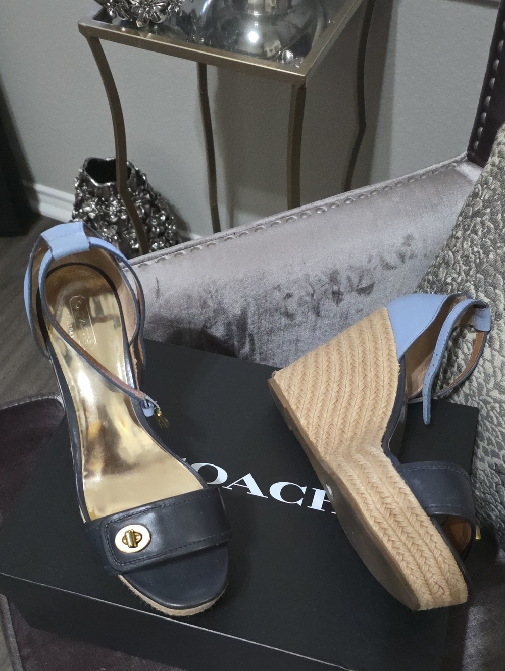 Coach Sky Blue and Navy Espadrille Wedge Sandals with Ankle Strap - Picture 1 of 5